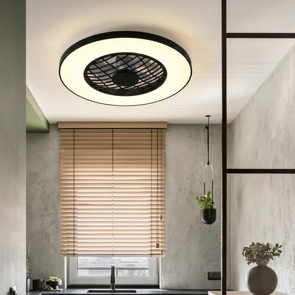 Lustra LED RGB Linkoping Black & White cu Ventilator, Telecomanda si Boxa Premium Germany