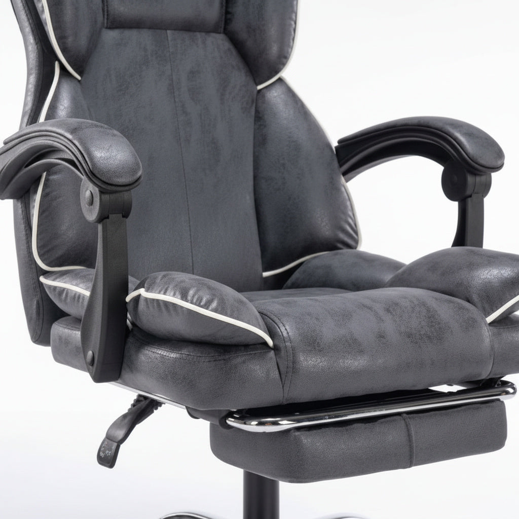 Scaun de Birou Reglabil Gri Inchis WF-807 cu Suport Picioare | Piele Ecologica