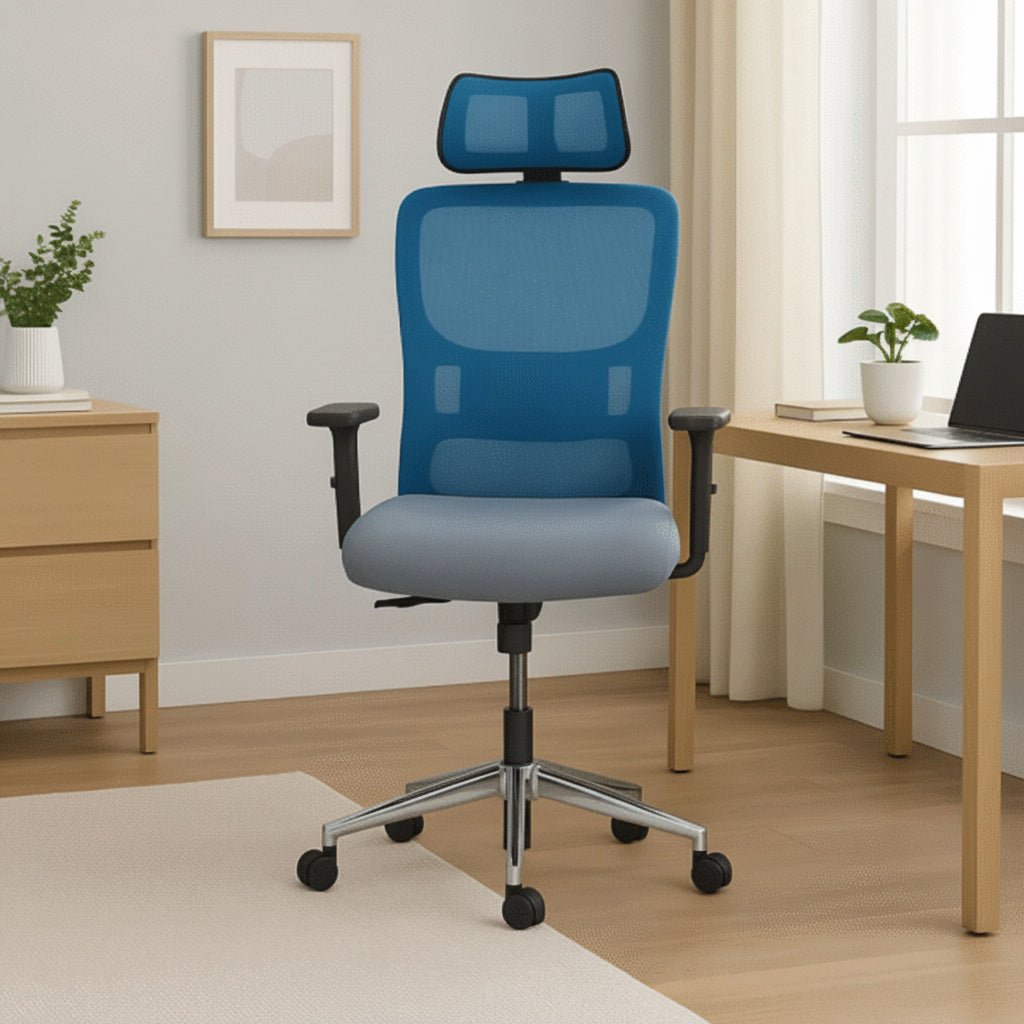 Scaun de Birou Reglabil Ergonomic cu Suport Cervical Albastru-Gri