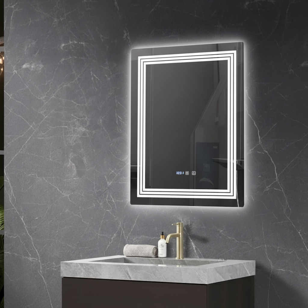 Oglinda LED CRESCA 60x80CM Functie Dezaburire, Ceas, Touch, 3 Lumini Resigilat R3