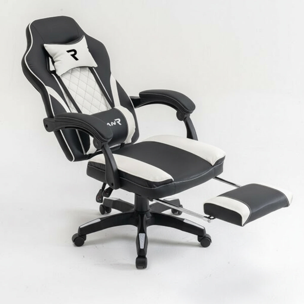 Scaun de Gaming Reglabil Professional WF-6028 Black & White cu Suport Picioare