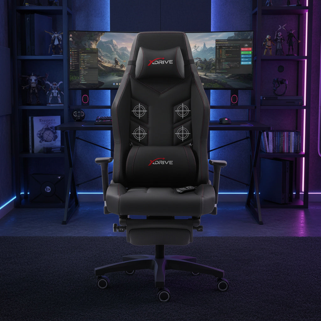 Scaun de Gaming Reglabil cu Masaj si Suport Picioare xDrive FIRTINA Black/Black