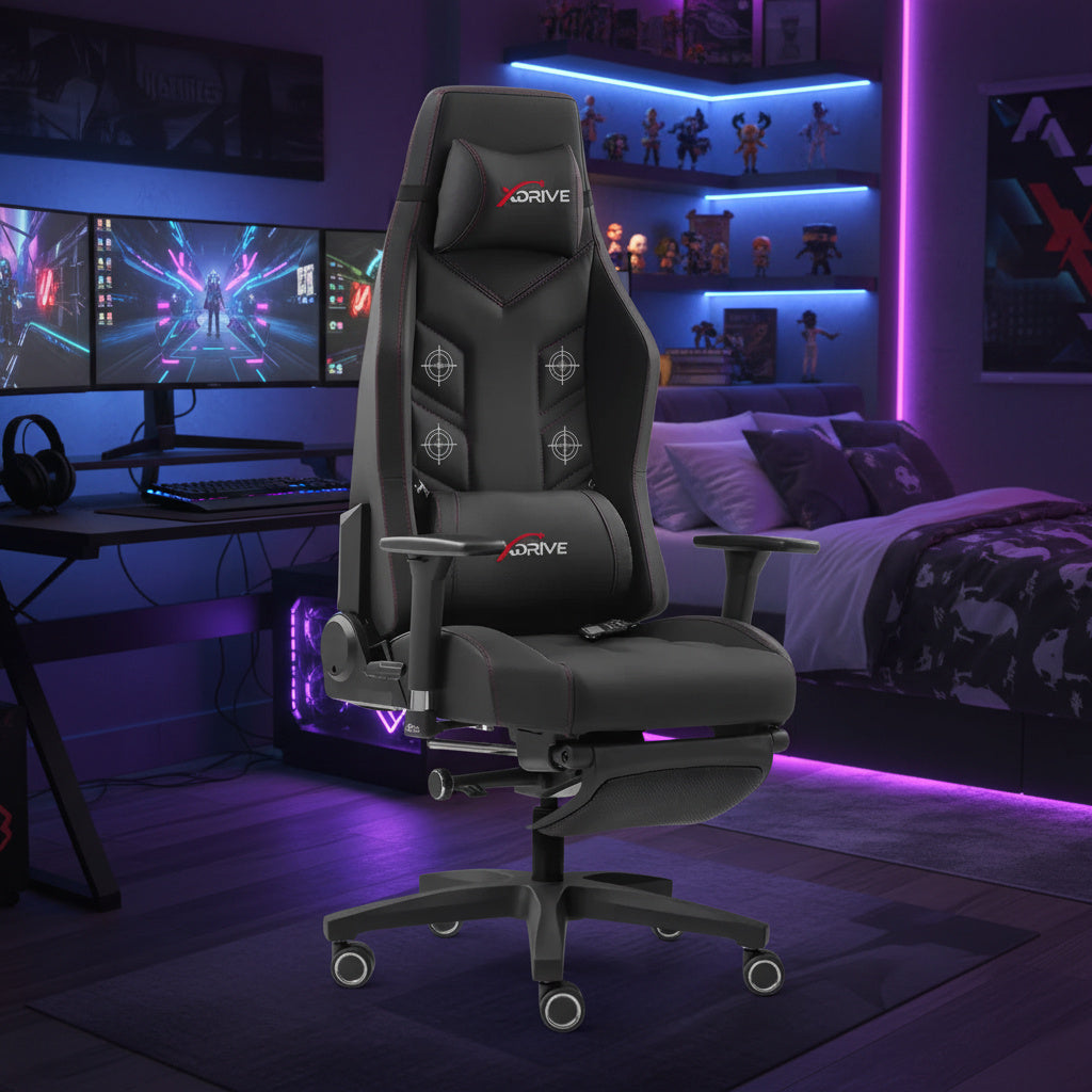 Scaun de Gaming Reglabil cu Masaj si Suport Picioare xDrive FIRTINA Black/Black