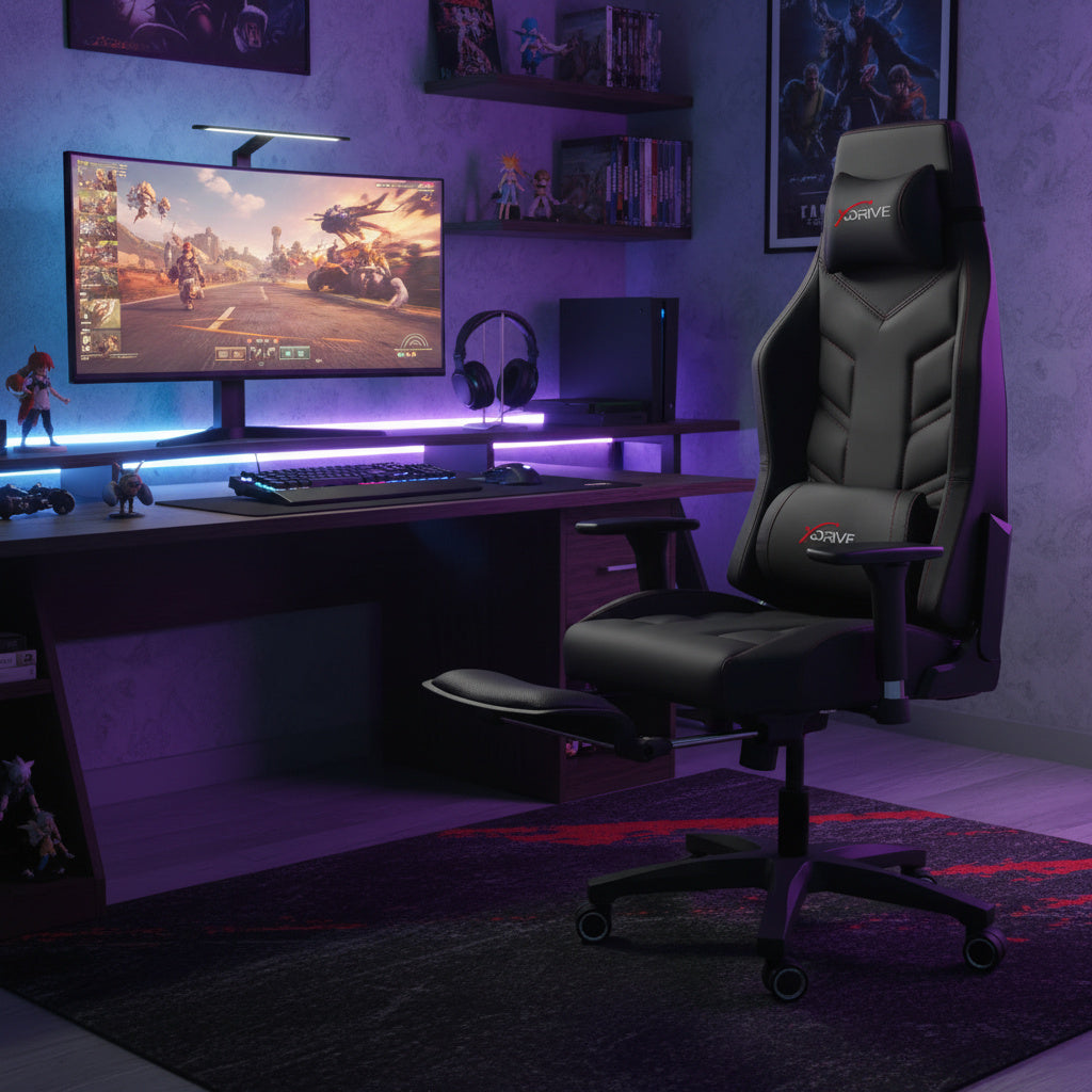 Scaun de Gaming Reglabil cu Suport Picioare xDrive FIRTINA Black/Black