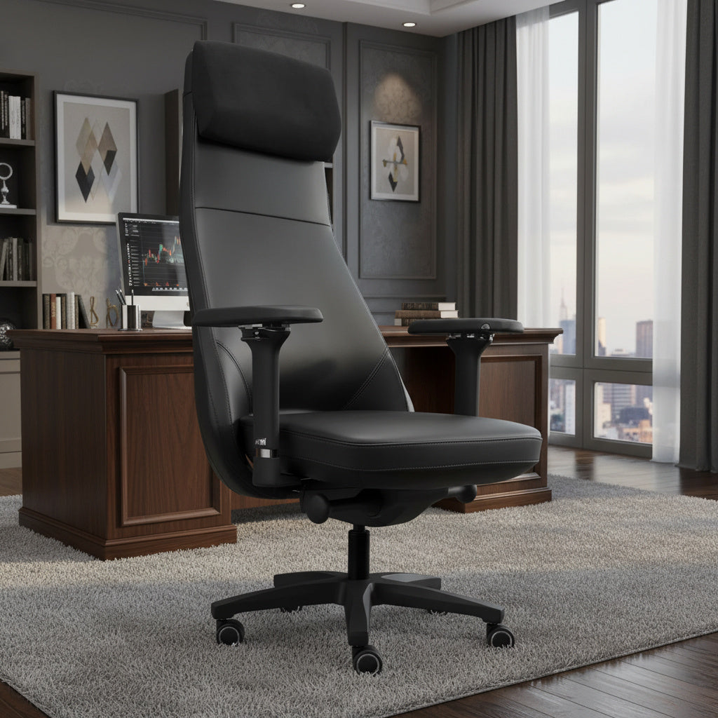 Scaun de Birou din Piele Reglabil KONAK Office Black Leather