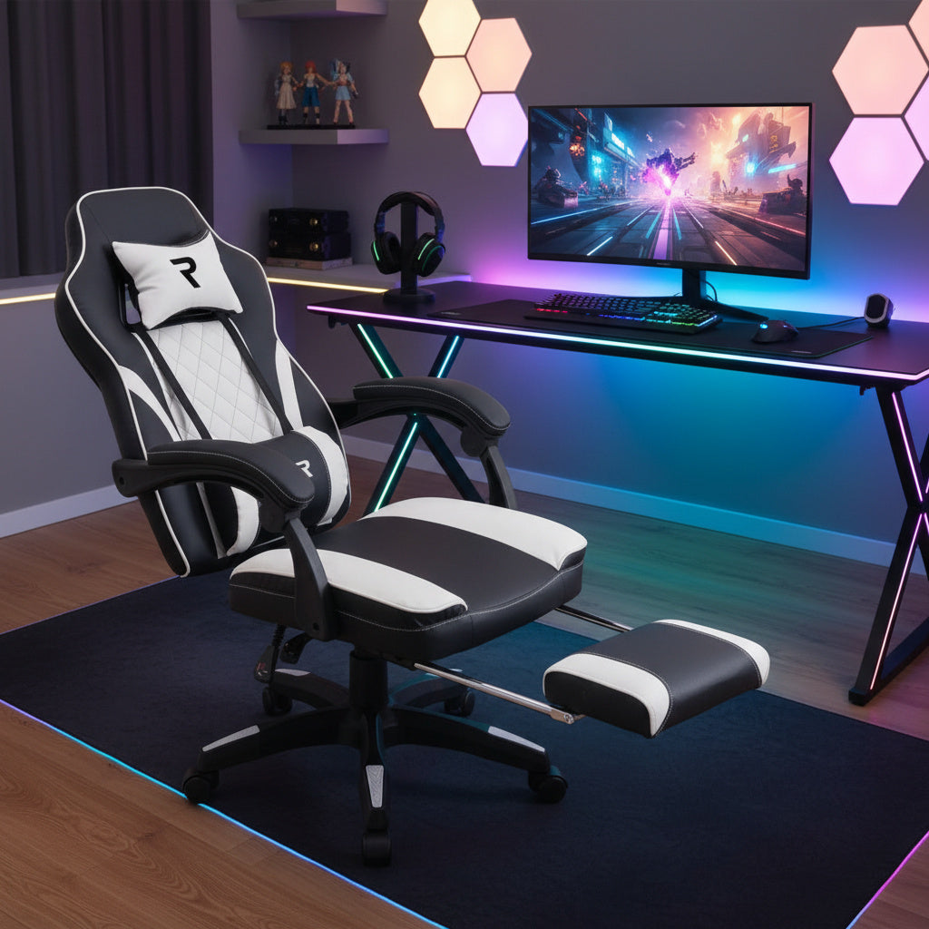 Scaun de Gaming Reglabil Professional WF-6028 Black & White cu Suport Picioare