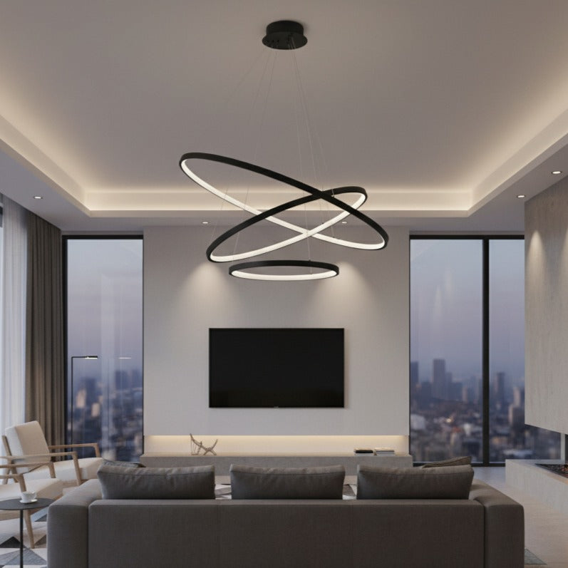 Lustra LED Suspendata Hoop Black Premium 3 Segmente Reglabile Echivalent 600W