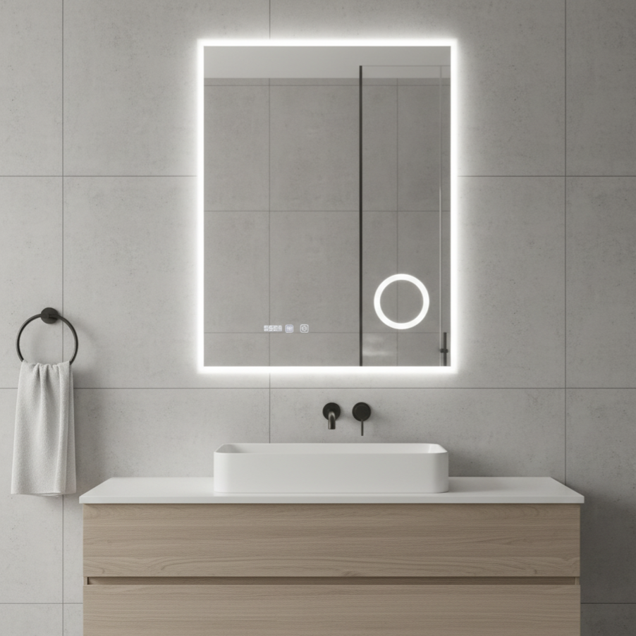 Oglinda LED VIONNA 60x80CM Functie Dezaburire, Ceas, Touch, Lupa, 3 Lumini