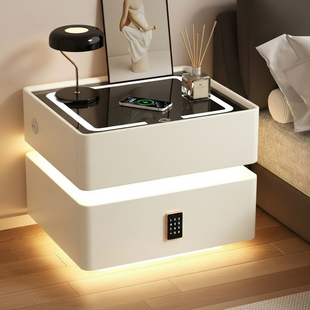 Noptiera Alba Smart cu Incarcare Wireless, Lumini, Amprenta, Boxa Bluetooth si Blocare cu Cod