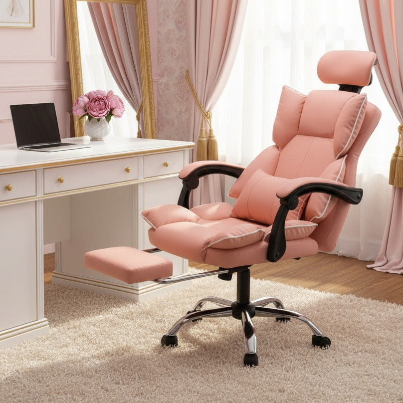 Scaun de Birou Reglabil Roz WF-807 cu Suport Picioare | Piele Ecologica