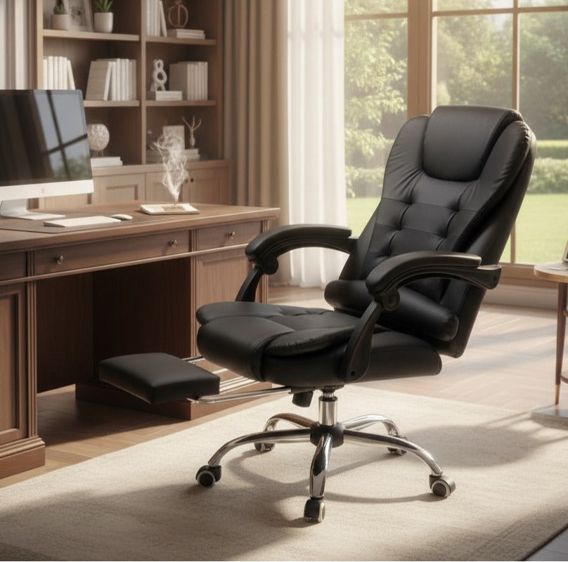 Scaun de Birou Reglabil Negru BOC-333 cu Suport de Picioare | Piele Ecologica