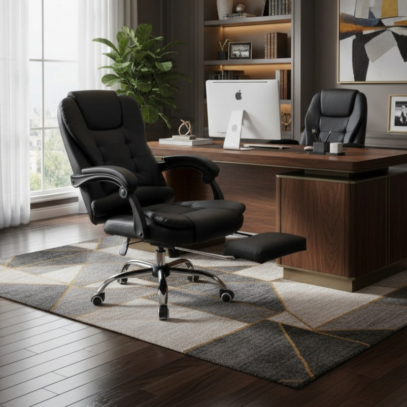 Scaun de Birou Reglabil Negru BOC-333 cu Suport de Picioare | Piele Ecologica