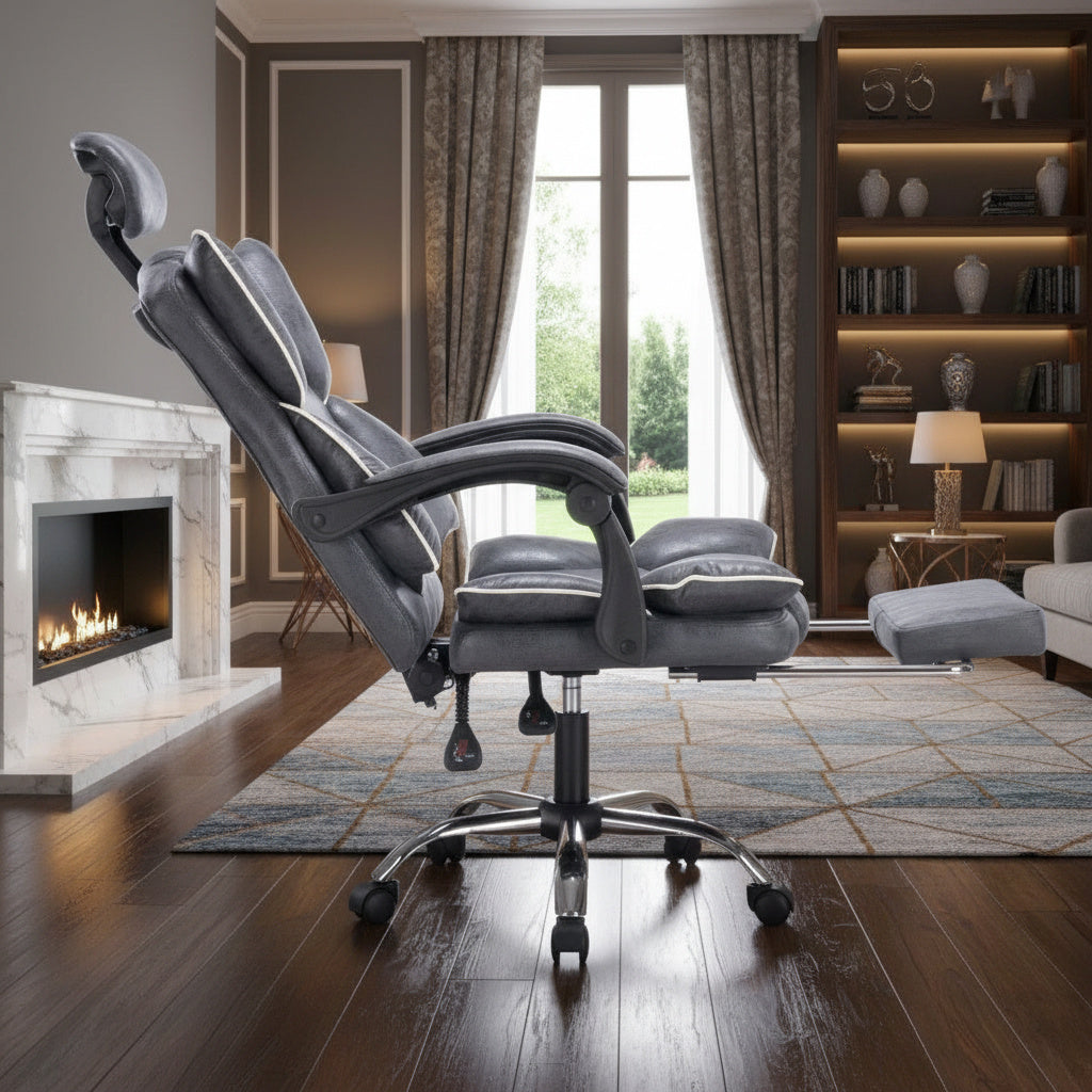 Scaun de Birou Reglabil Gri Inchis WF-807 cu Suport Picioare | Piele Ecologica