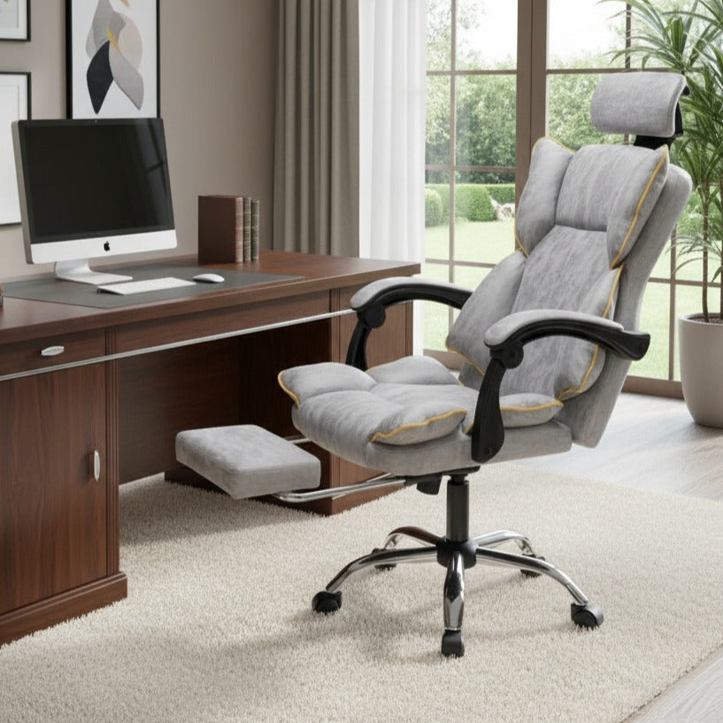 Scaun de Birou Reglabil Gri Deschis WF-807 cu Suport Picioare | Piele Ecologica