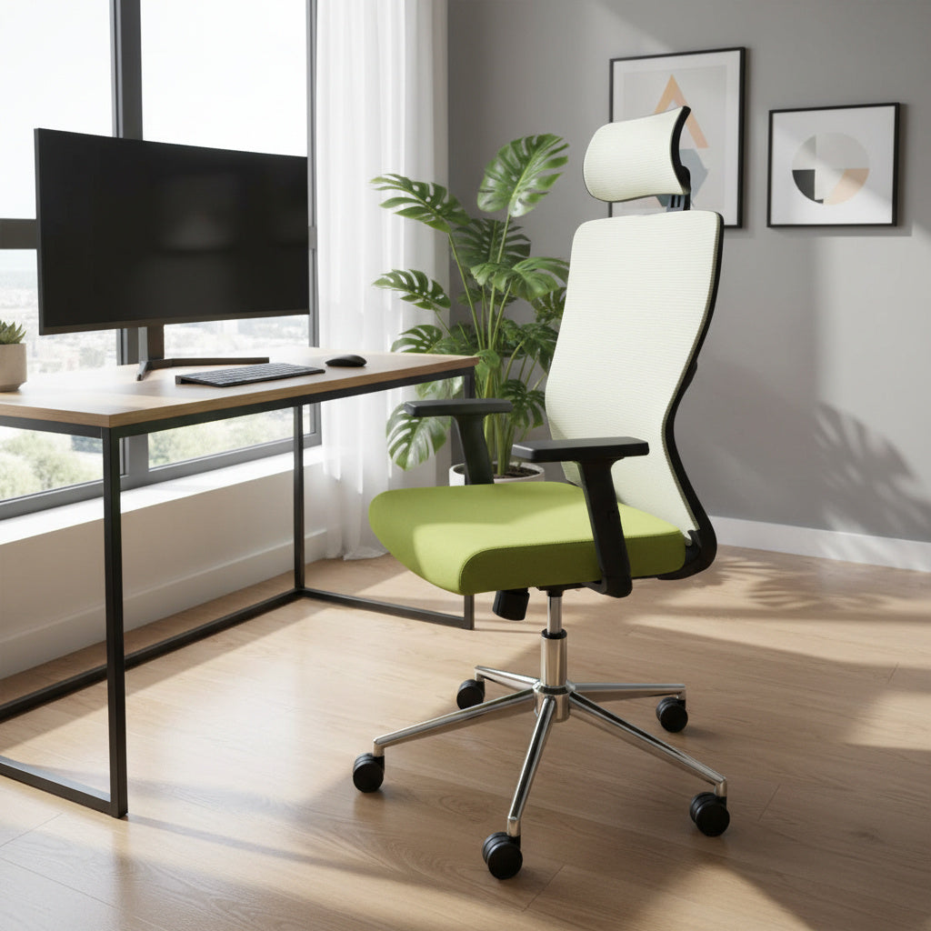 Scaun de Birou Reglabil Ergonomic cu Suport Cervical Alb-Verde