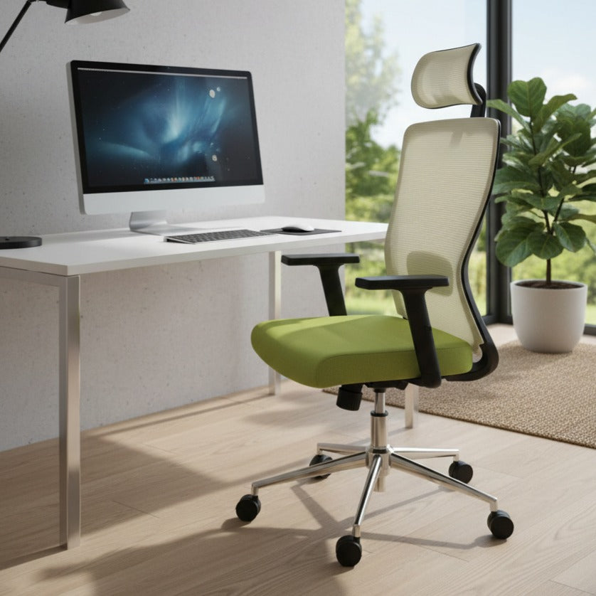 Scaun de Birou Reglabil Ergonomic cu Suport Cervical Alb-Verde