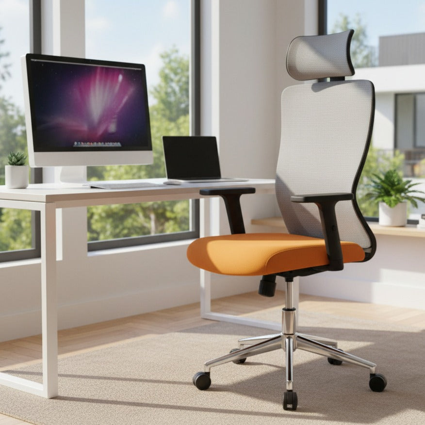 Scaun de Birou Reglabil Ergonomic cu Suport Cervical Gri-Portocaliu