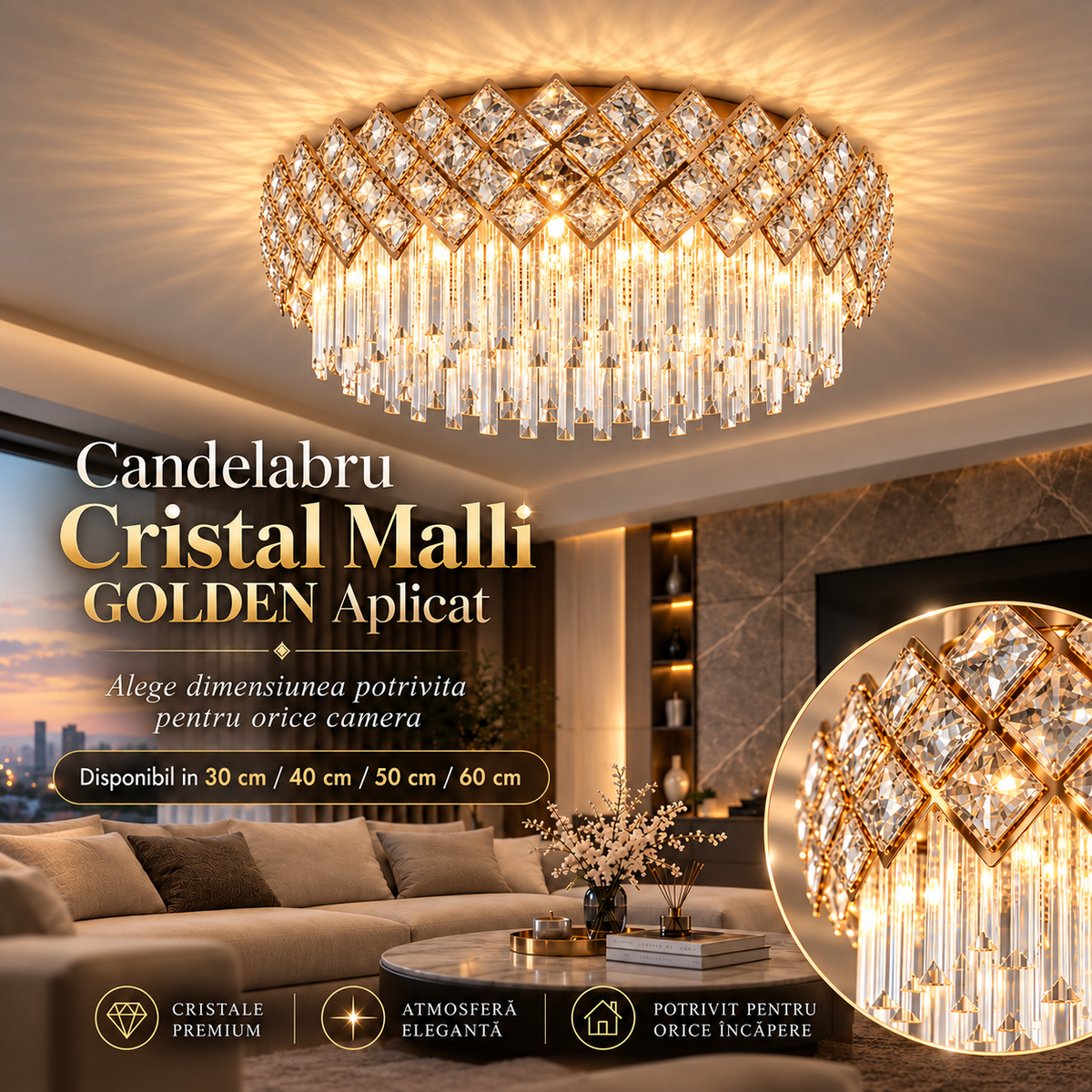 Candelabru Cristal MALLI Luxury Gold Aplicat