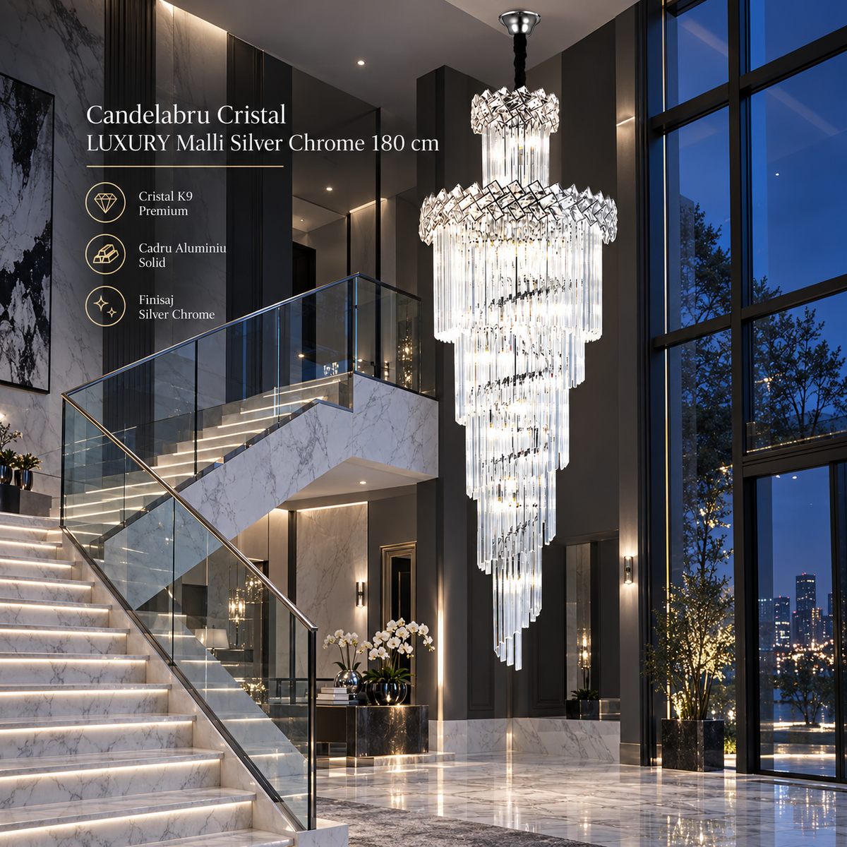 Candelabru Cristal LUXURY Malli Silver Chrome 180cm