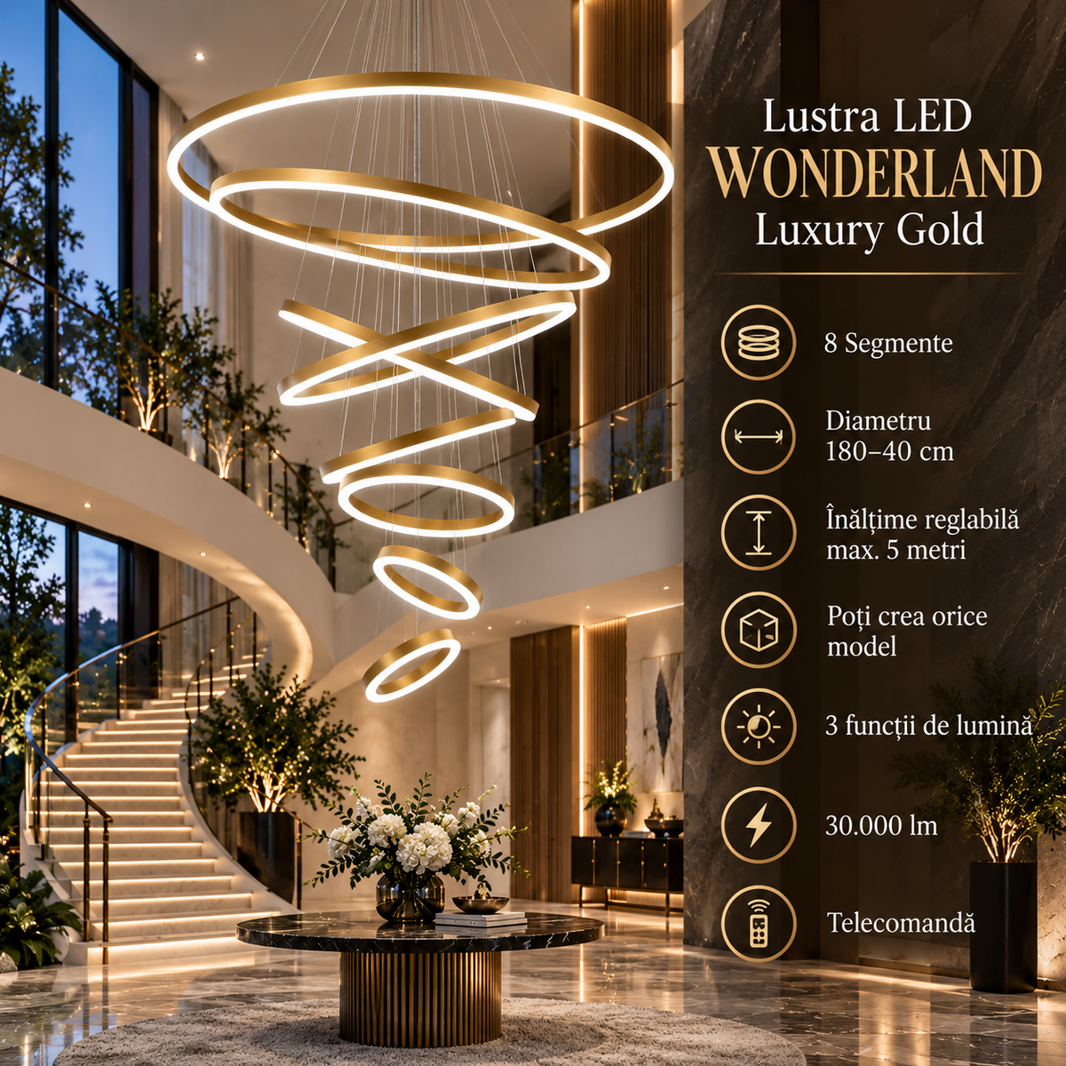 Lustra LED WONDERLAND Luxury Gold 8 Segmente Echivalent 3000W Telecomanda