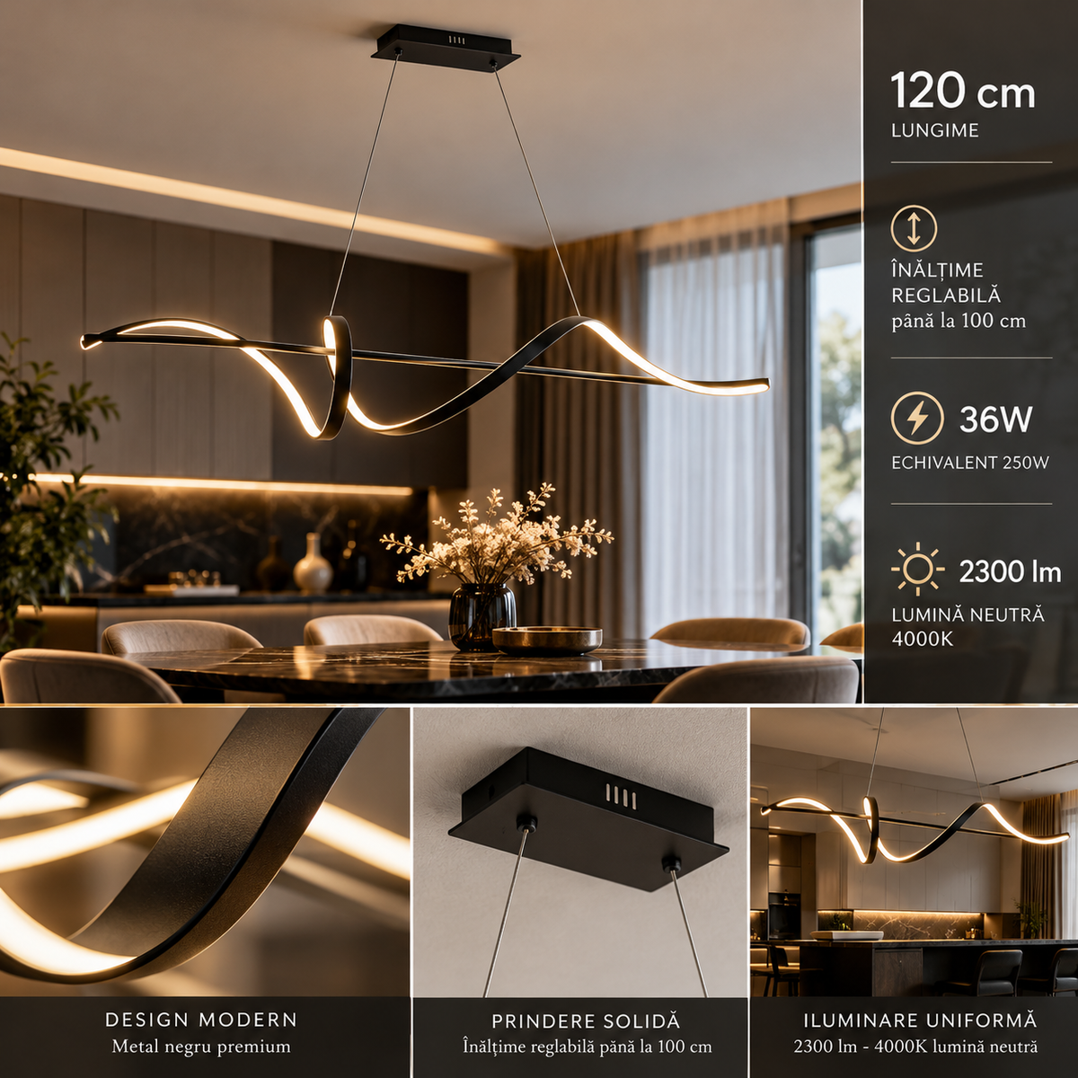 Lustra LED Suspendata Sash Black Premium Echivalent 250W