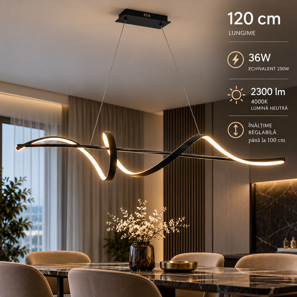 Lustra LED Suspendata Sash Black Premium Echivalent 250W