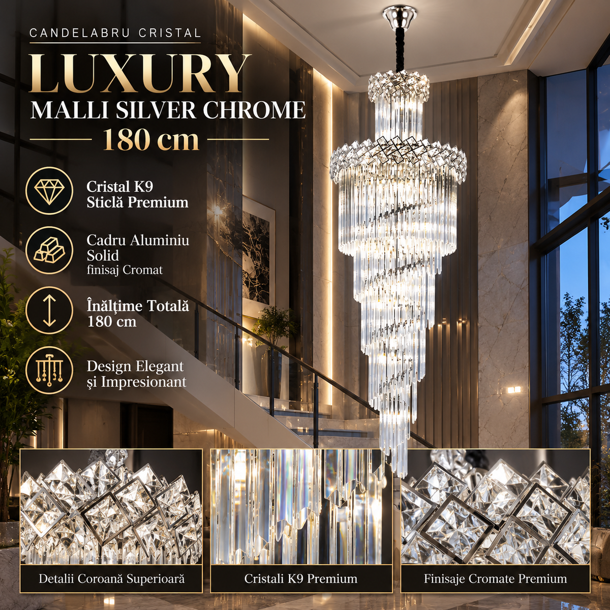 Candelabru Cristal LUXURY Malli Silver Chrome 180cm