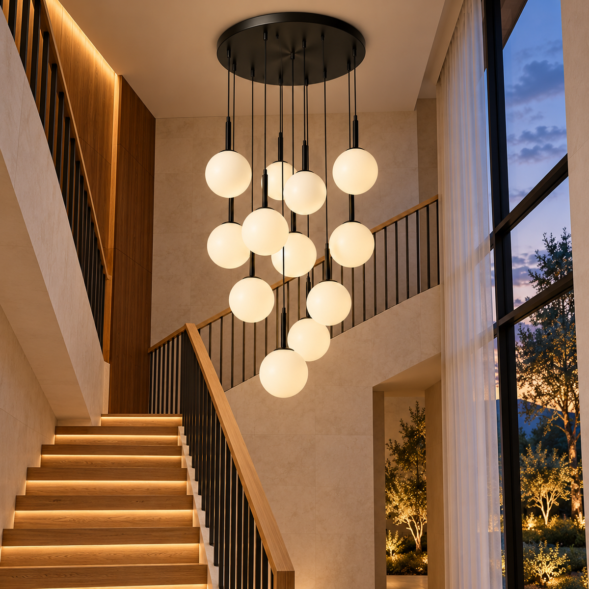 Lustra Abajur Mat Black LUXURY Staircase 12 Abajururi 200cm