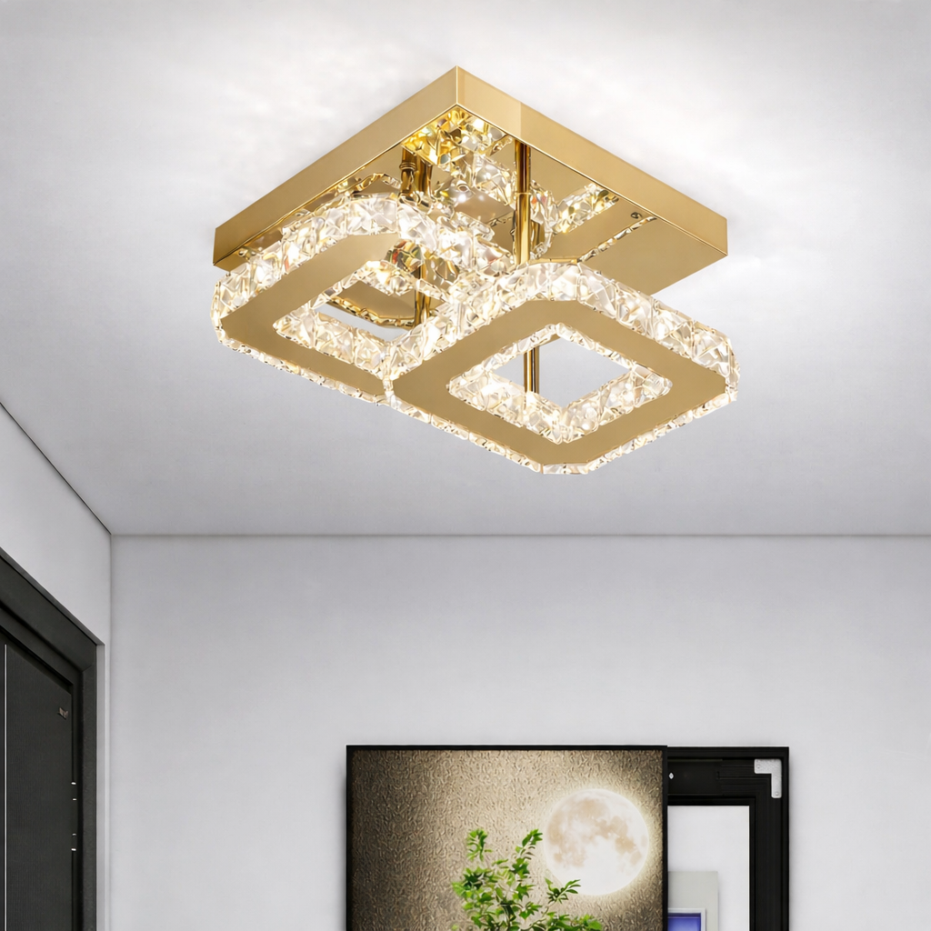 Lustra LED CRISTAL Double Square Gold Echivalent 200W