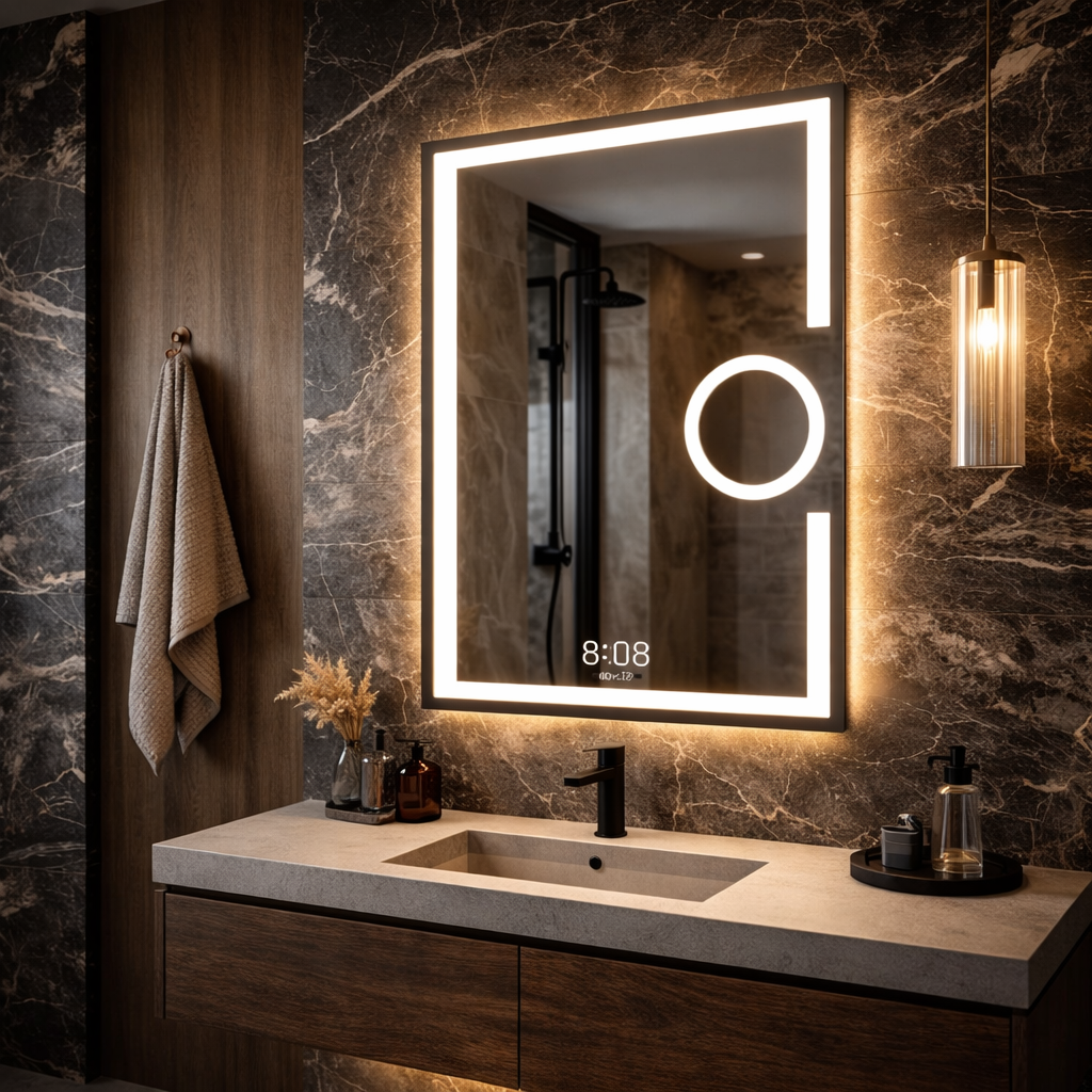 Oglinda LED RAVELLA - 60x80 cm 3 Lumini, Senzor, Lupa Cosmetica, Dezaburire si Ceas