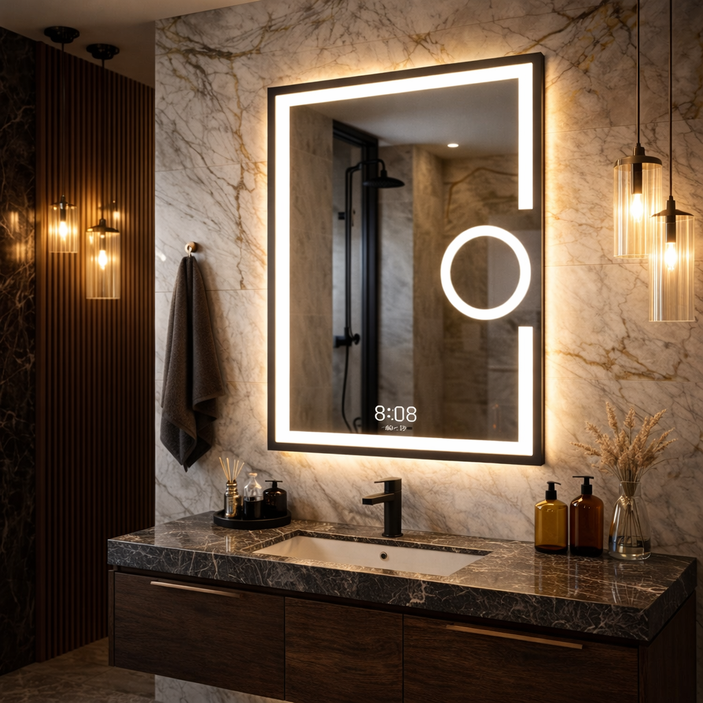 Oglinda LED RAVELLA - 60x80 cm 3 Lumini, Senzor, Lupa Cosmetica, Dezaburire si Ceas
