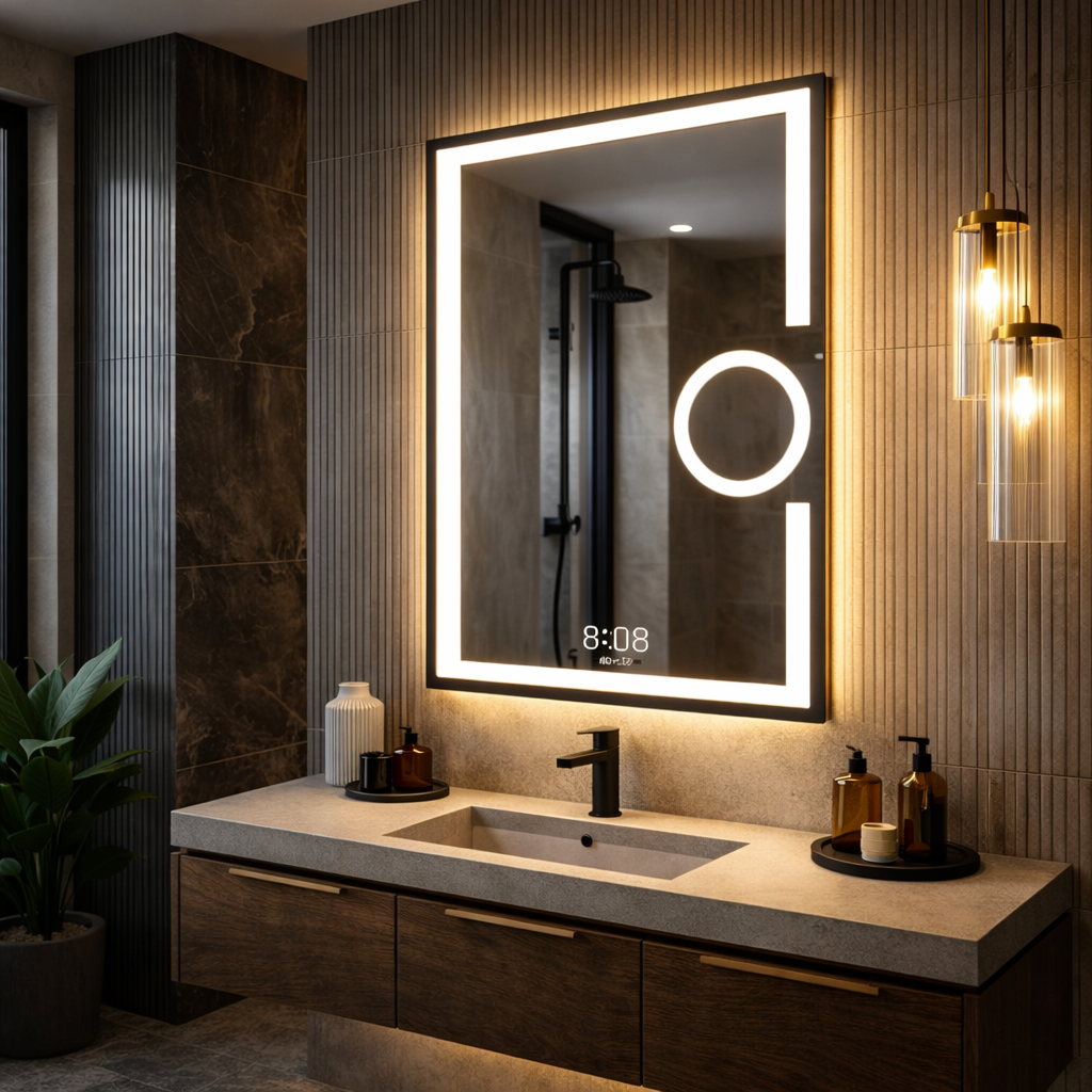 Oglinda LED RAVELLA - 60x80 cm 3 Lumini, Senzor, Lupa Cosmetica, Dezaburire si Ceas