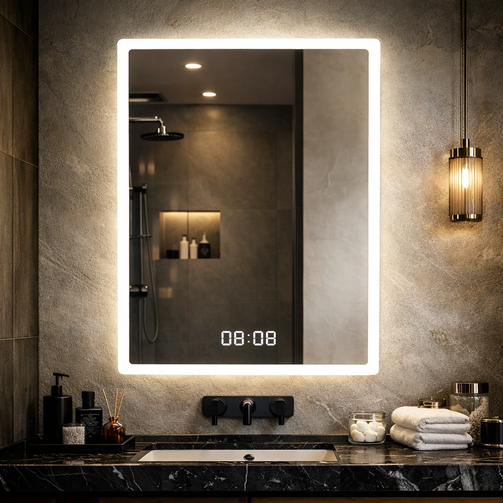 Oglinda LED TRIVENZA - 60x80 cm 3 Lumini, Senzor, Dezaburire si Ceas