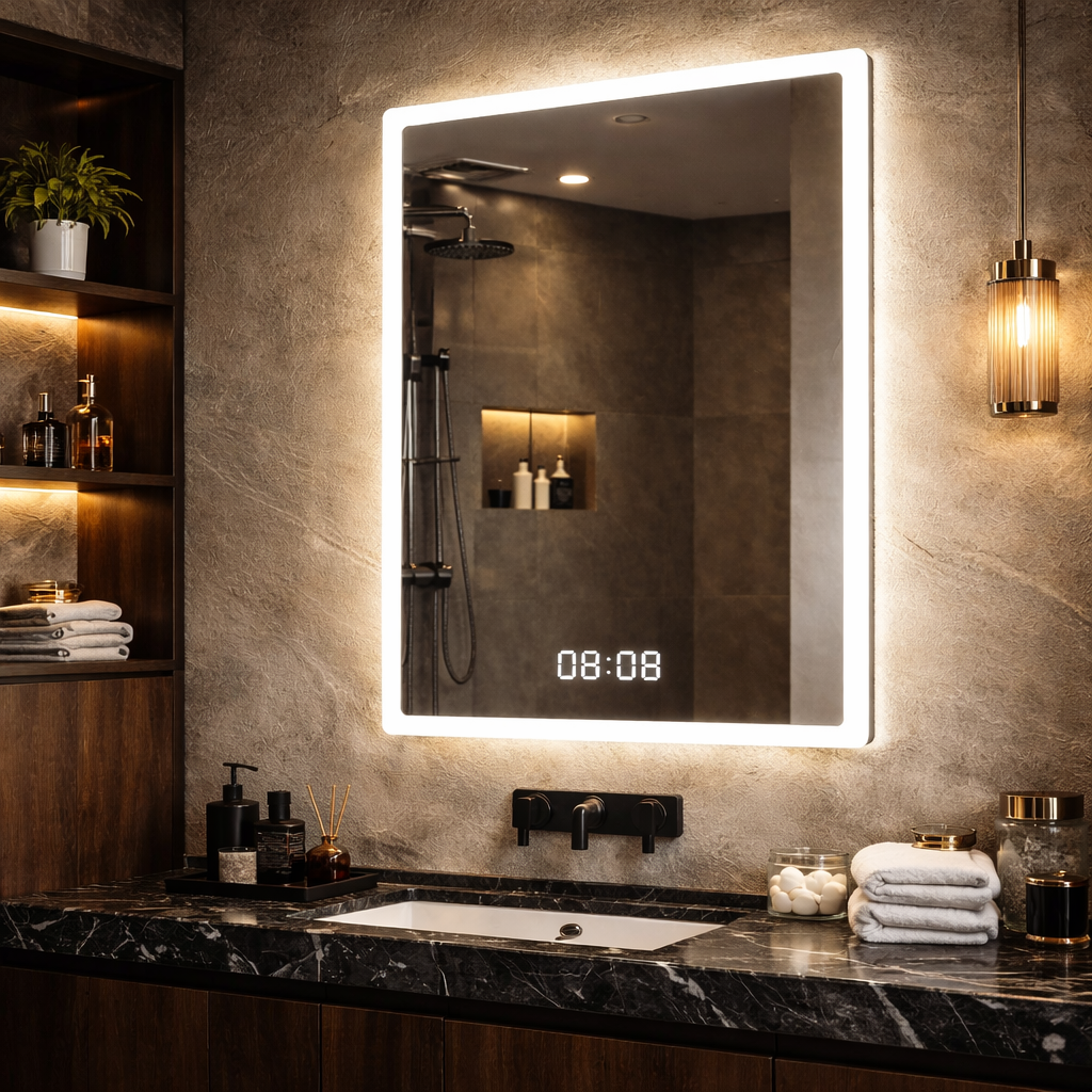 Oglinda LED TRIVENZA - 60x80 cm 3 Lumini, Senzor, Dezaburire si Ceas