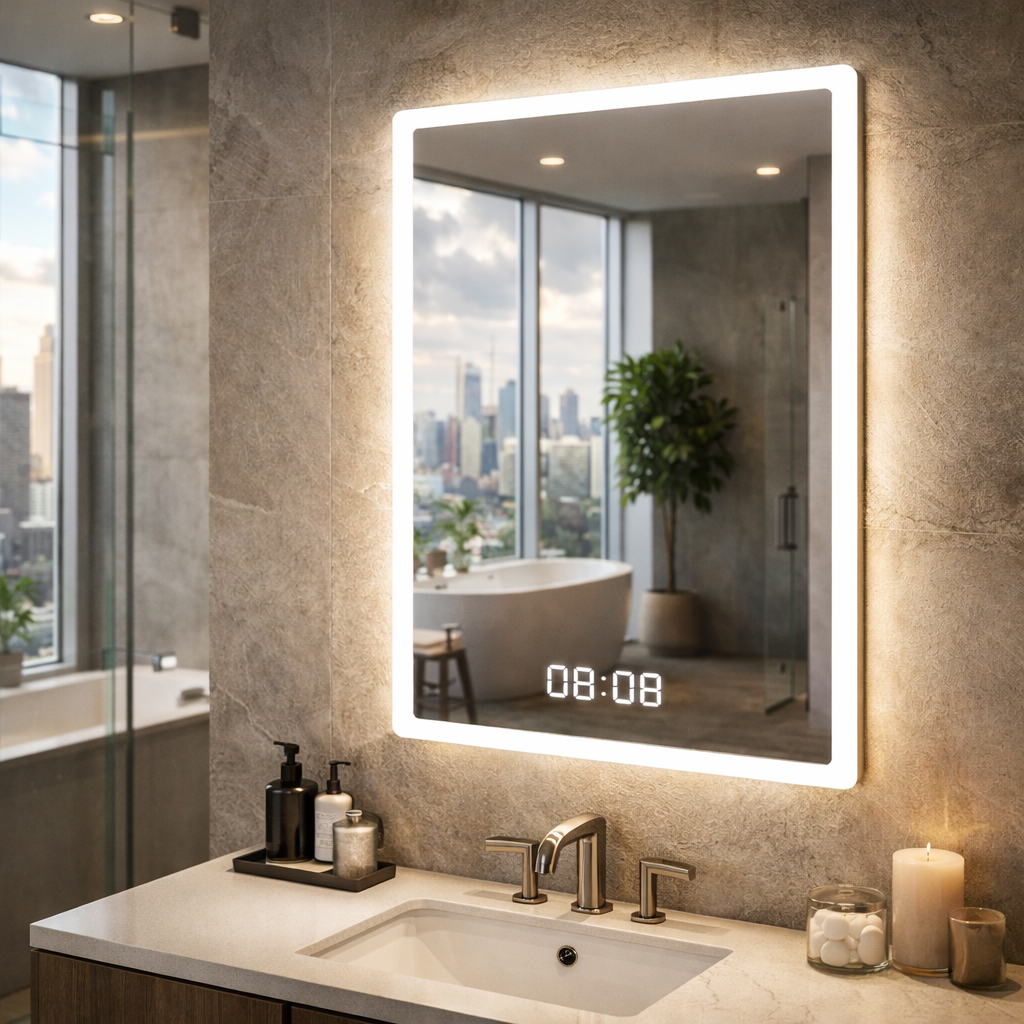 Oglinda LED TRIVENZA - 60x80 cm 3 Lumini, Senzor, Dezaburire si Ceas