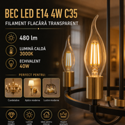 Bec LED E14 4W C35, 480lm, Filament Flacara Transparent