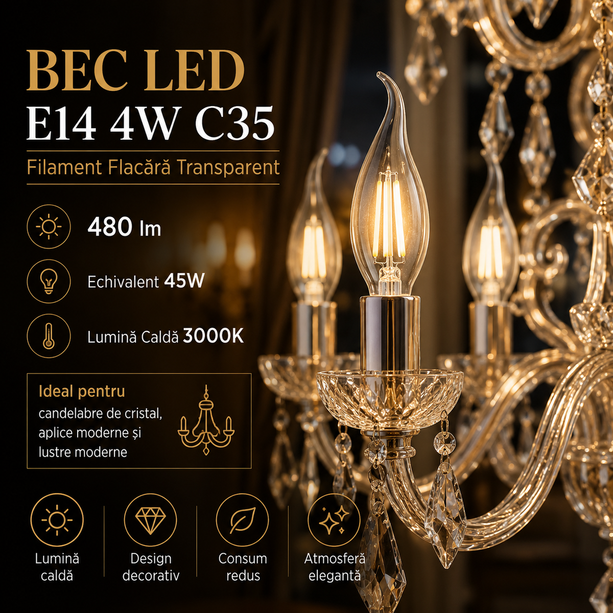 Bec LED E14 4W C35, 480lm, Filament Flacara Transparent