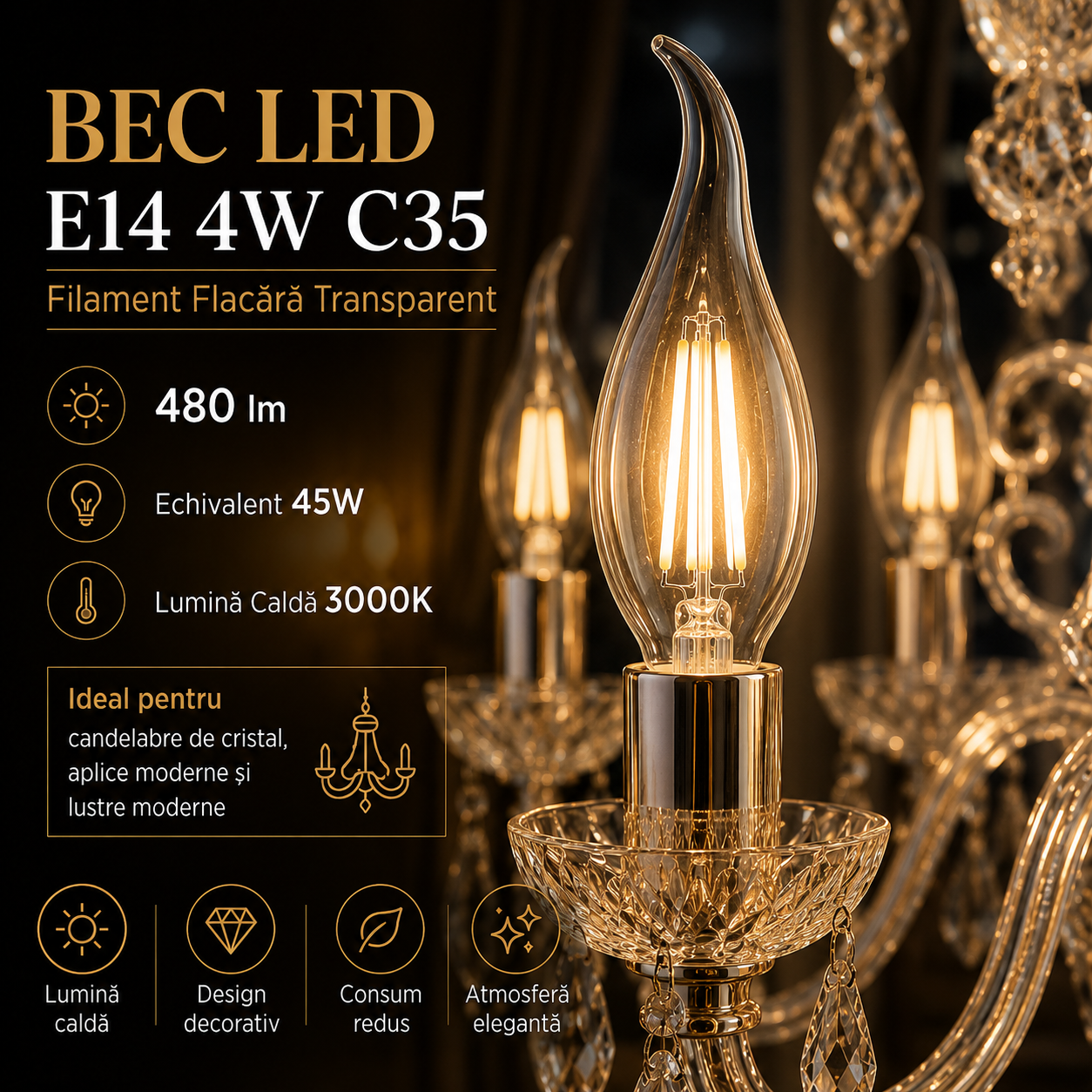 Bec LED E14 4W C35, 480lm, Filament Flacara Transparent