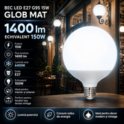 Bec LED E27 G95 15W, 1400lm, 6400K, Glob Mat Echivalent 150W