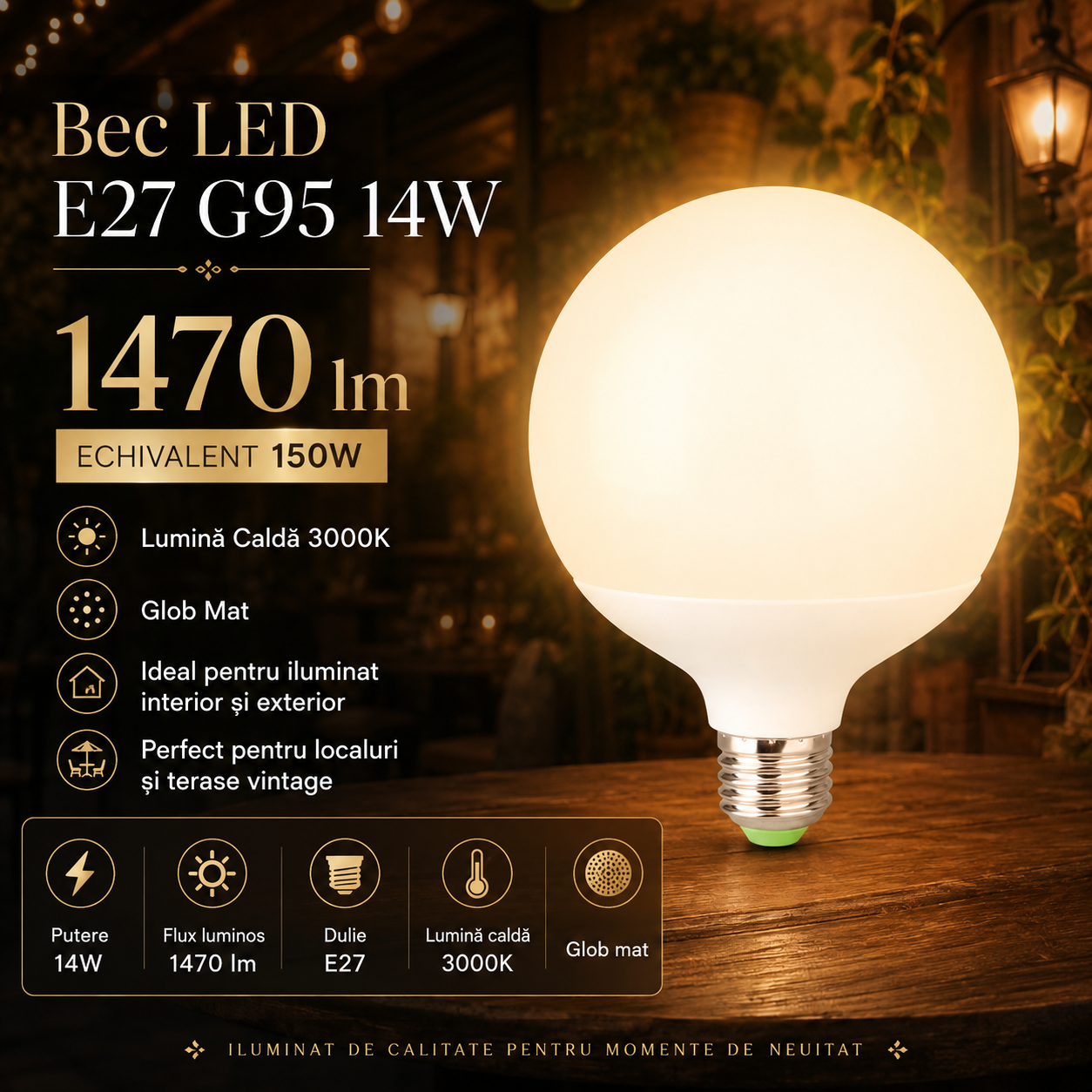 Bec LED E27 G95 14W, 1470lm, 3000K, Glob Mat Echivalent 150W