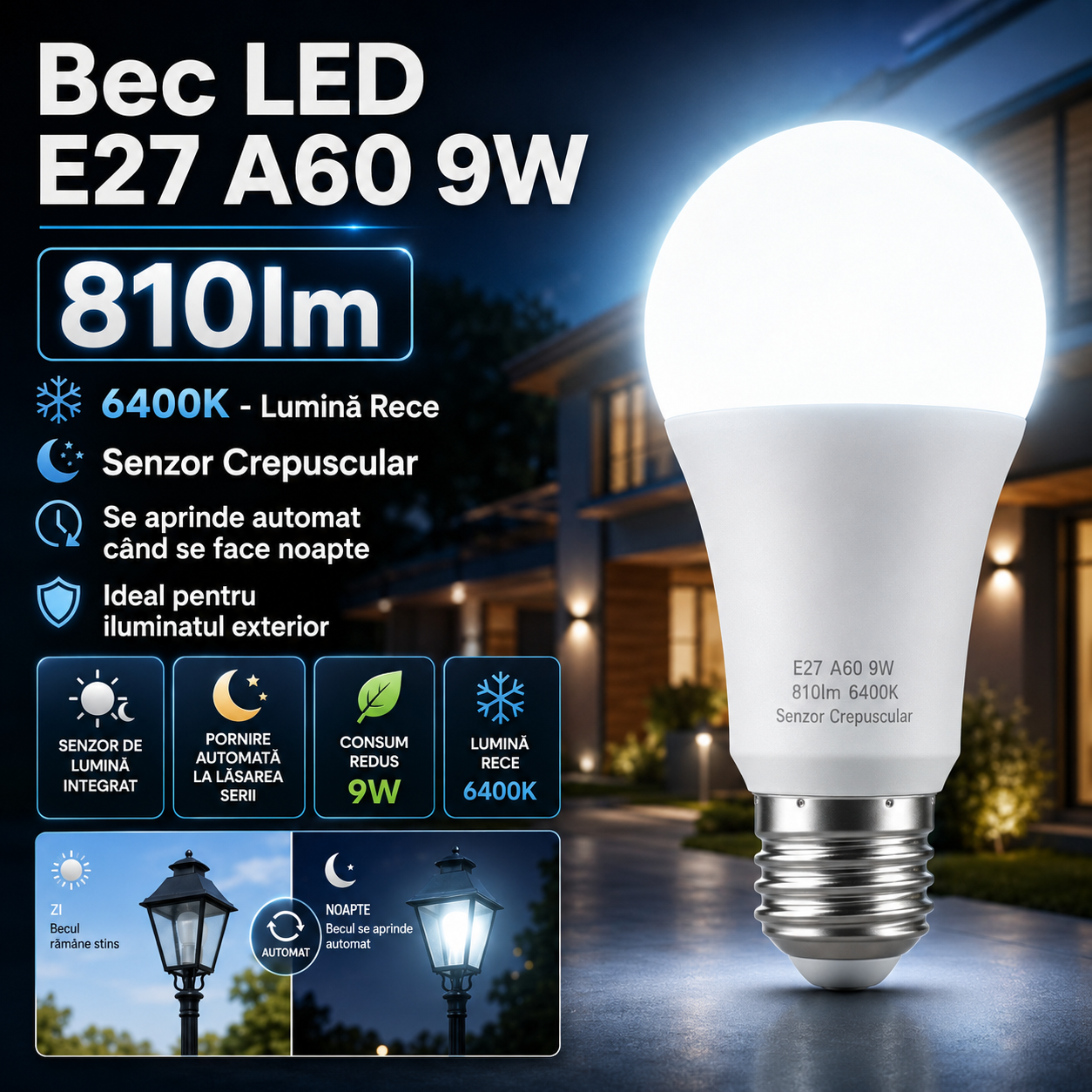 Bec LED E27 A60 9W, 810lm, 6400K, Senzor Crepuscular