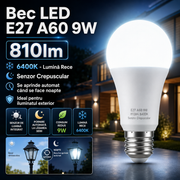 Bec LED E27 A60 9W, 810lm, 6400K, Senzor Crepuscular