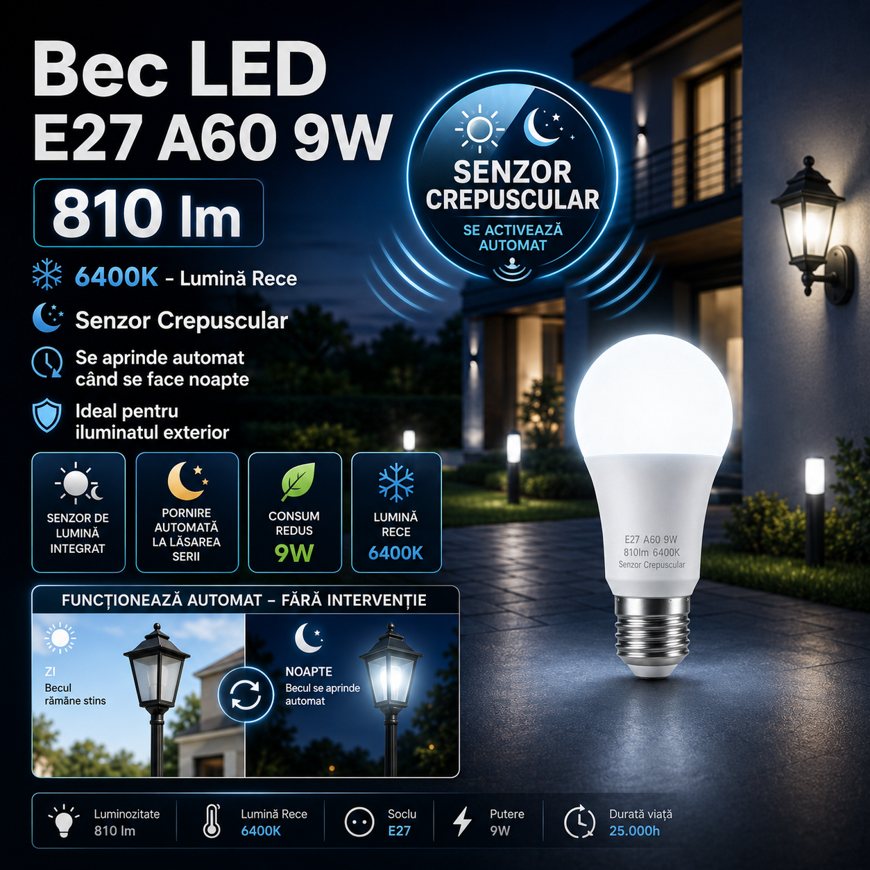 Bec LED E27 A60 9W, 810lm, 6400K, Senzor Crepuscular
