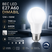 Bec LED E27 A60 12W=100W, 1100lm, 6400K, Glob Mat DIMABIL
