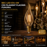 Bec LED E14 4W 2200K C35 Filament Flacara Fumuriu