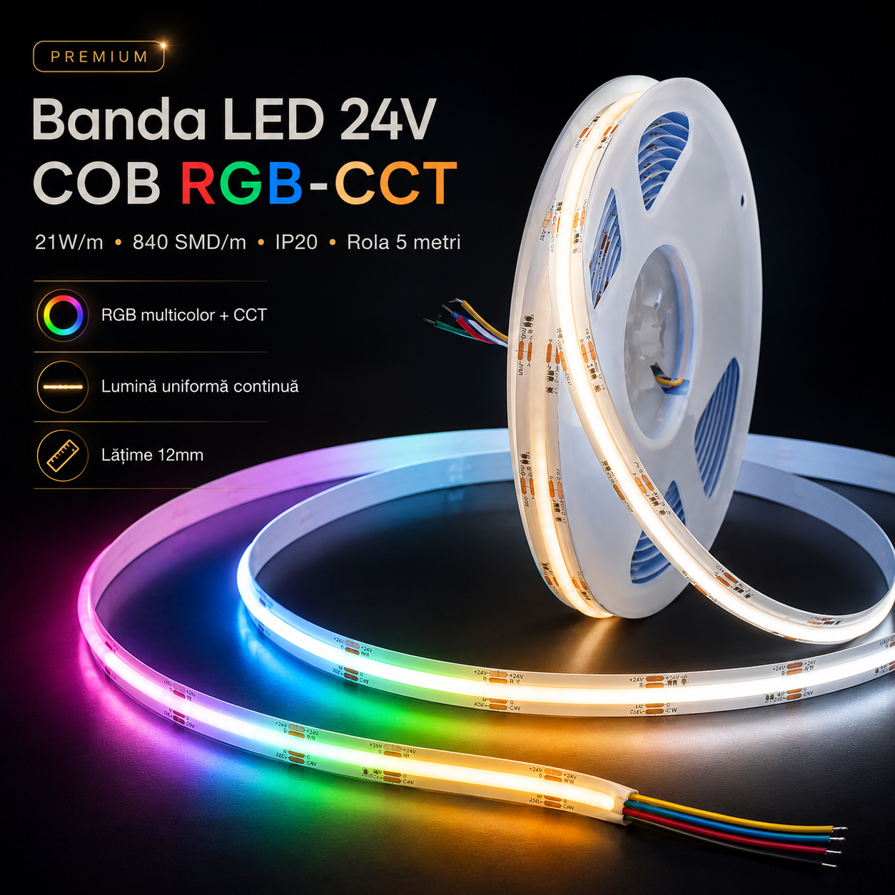Banda LED 24V COB RGB-CCT 21W/m - 840 SMD/m - IP20 - Rola 5 metri
