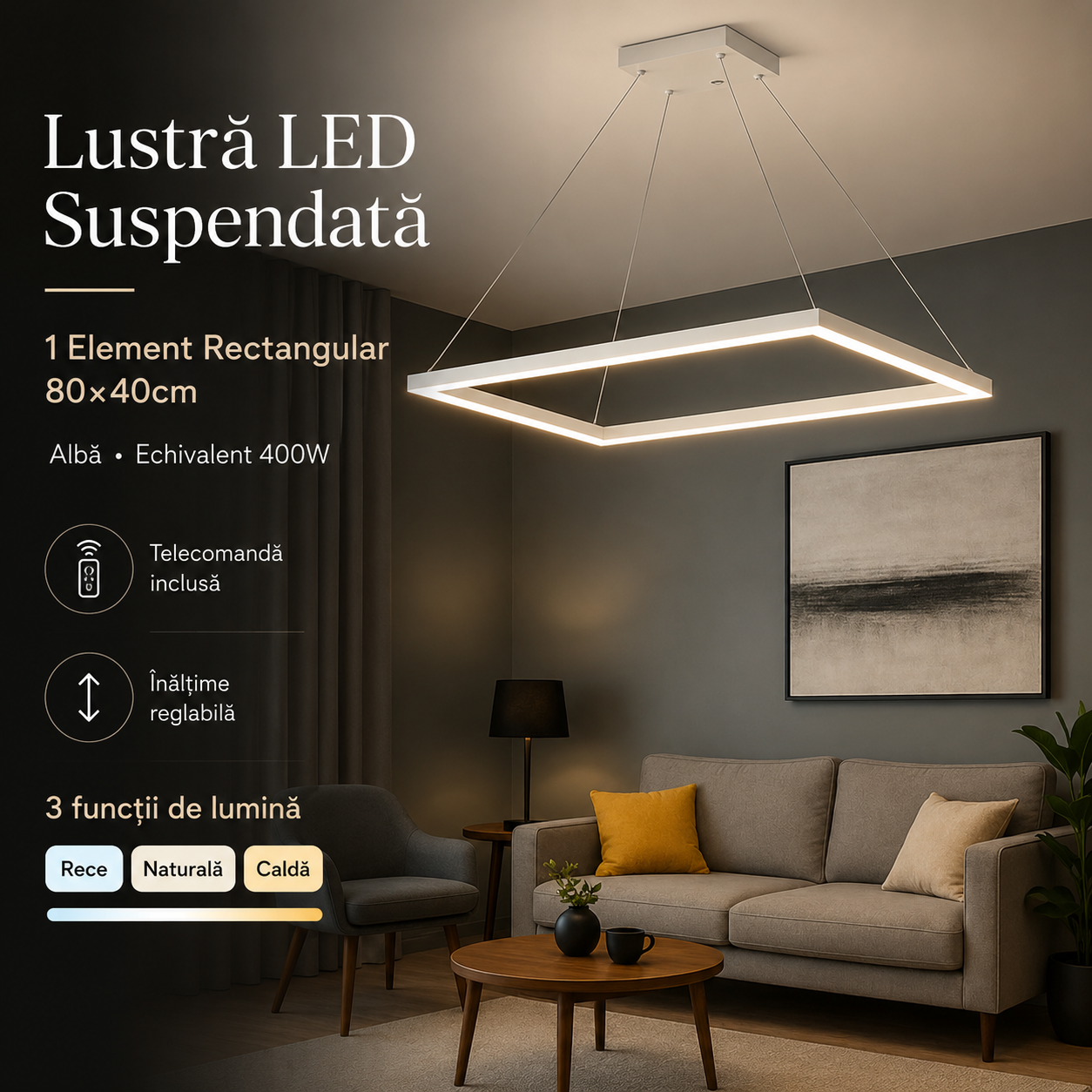 Lustra LED 1 Element Rectangular 80X40cm Alba Echivalent 400W