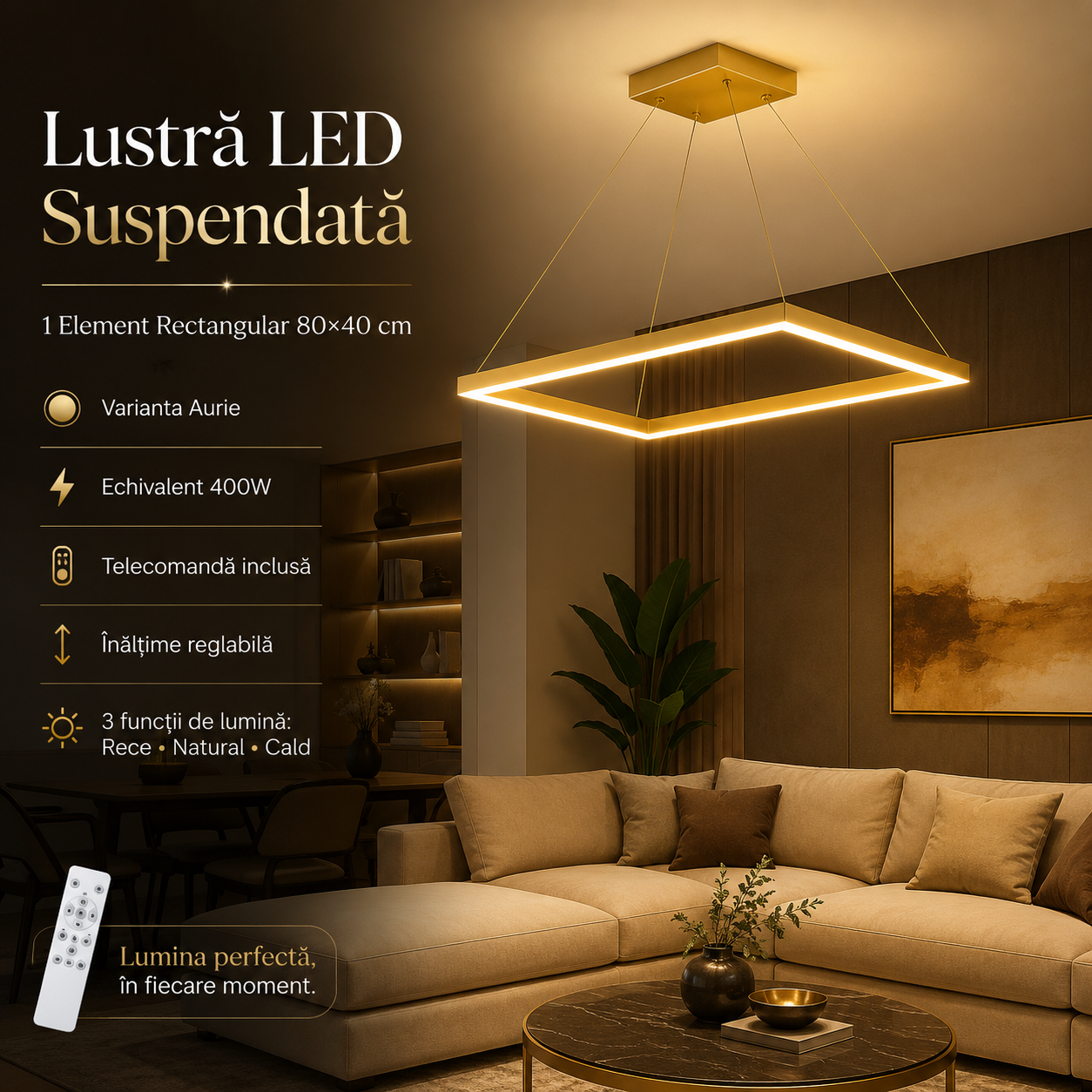 Lustra LED 1 Element Rectangular 80X40cm Auriu Echivalent 400W
