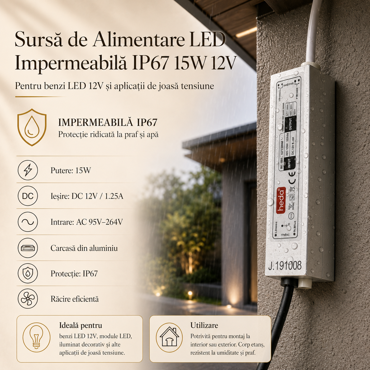 Sursa de Alimentare LED Impermeabila IP67 15W 12V