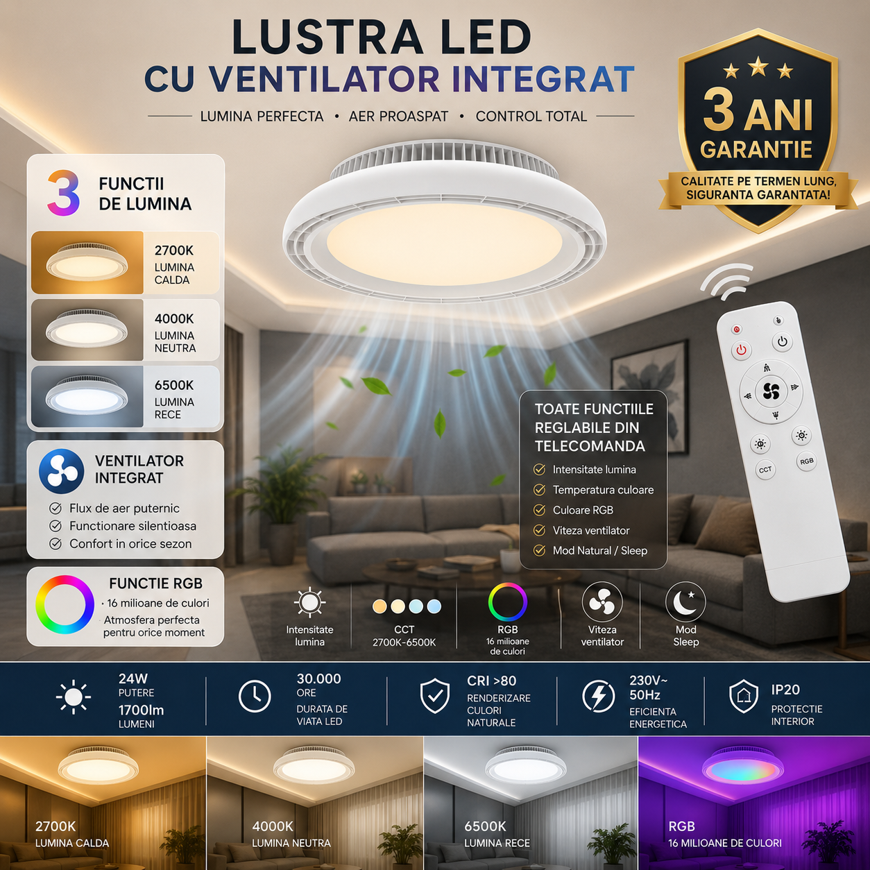 Lustra LED 3CCT Dimabila cu Ventilator si Telecomanda Alba RGB
